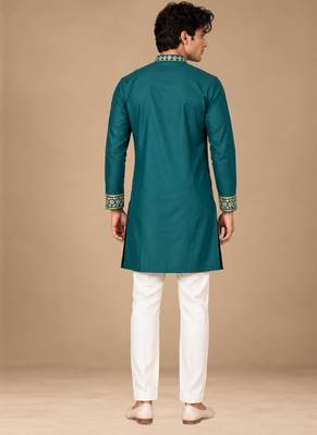 Man's rama green zari sequence thread embroidery work kurta set 5