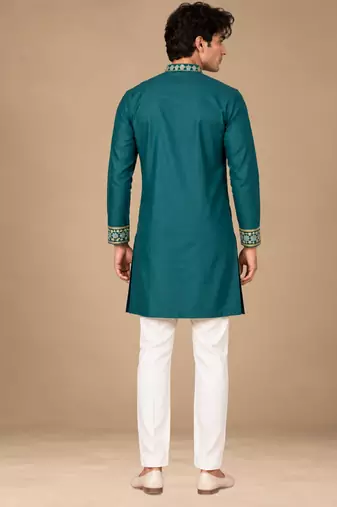 Man's rama green zari sequence thread embroidery work kurta set
