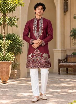 maroon zari sequins thread embroidery work kurta pajama 1
