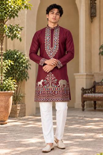 maroon zari sequins thread embroidery work kurta pajama