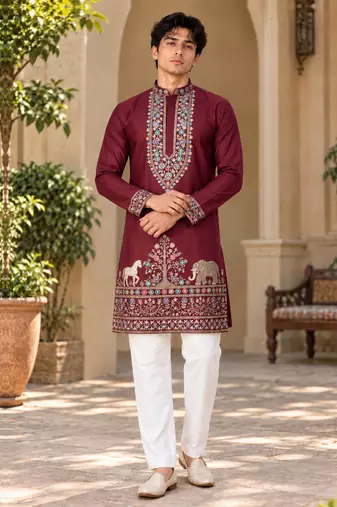 maroon zari sequins thread embroidery work kurta pajama