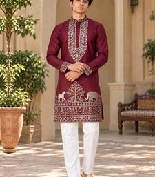 maroon zari sequins thread embroidery work kurta pajama