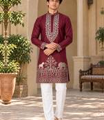 maroon zari sequins thread embroidery work kurta pajama