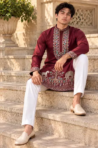 maroon zari sequins thread embroidery work kurta pajama