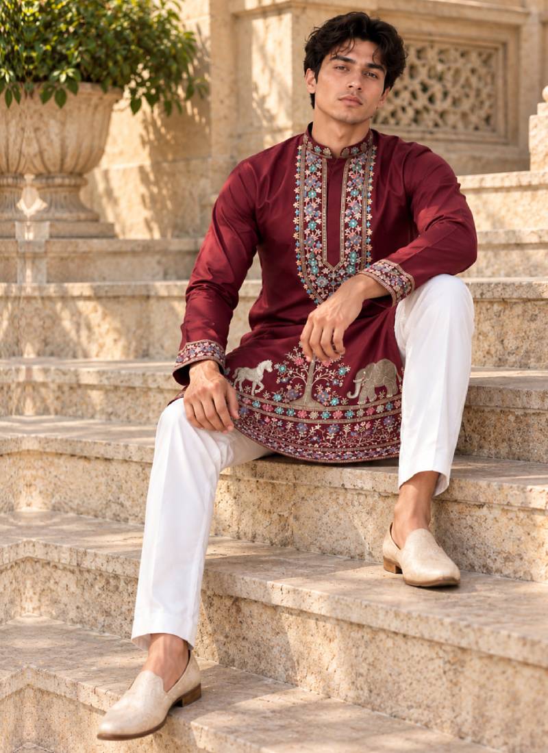maroon zari sequins thread embroidery work kurta pajama