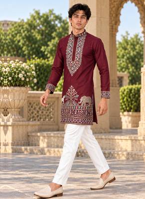 maroon zari sequins thread embroidery work kurta pajama 3