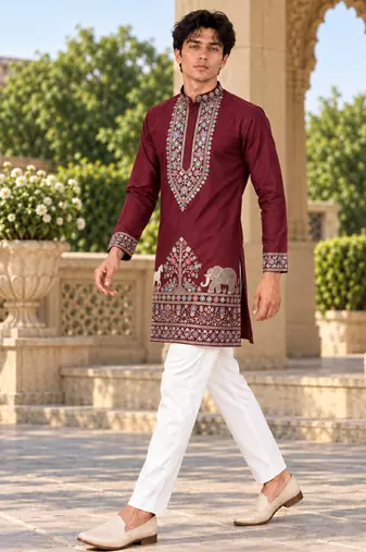 maroon zari sequins thread embroidery work kurta pajama