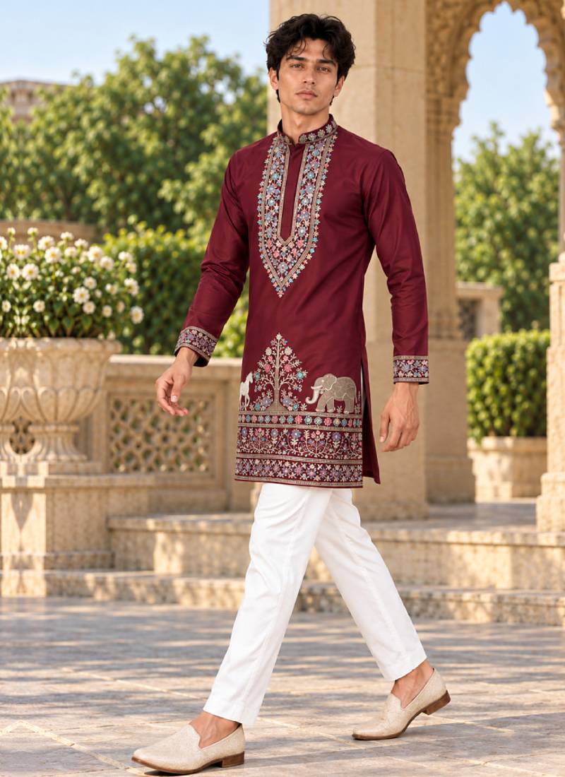 maroon zari sequins thread embroidery work kurta pajama