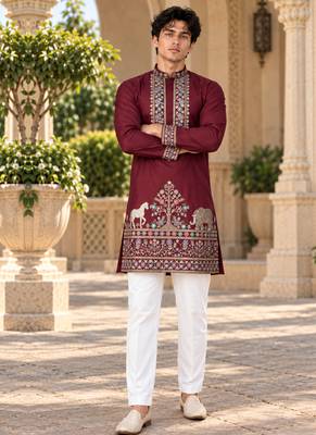 maroon zari sequins thread embroidery work kurta pajama 4