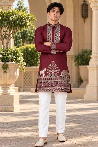 maroon zari sequins thread embroidery work kurta pajama