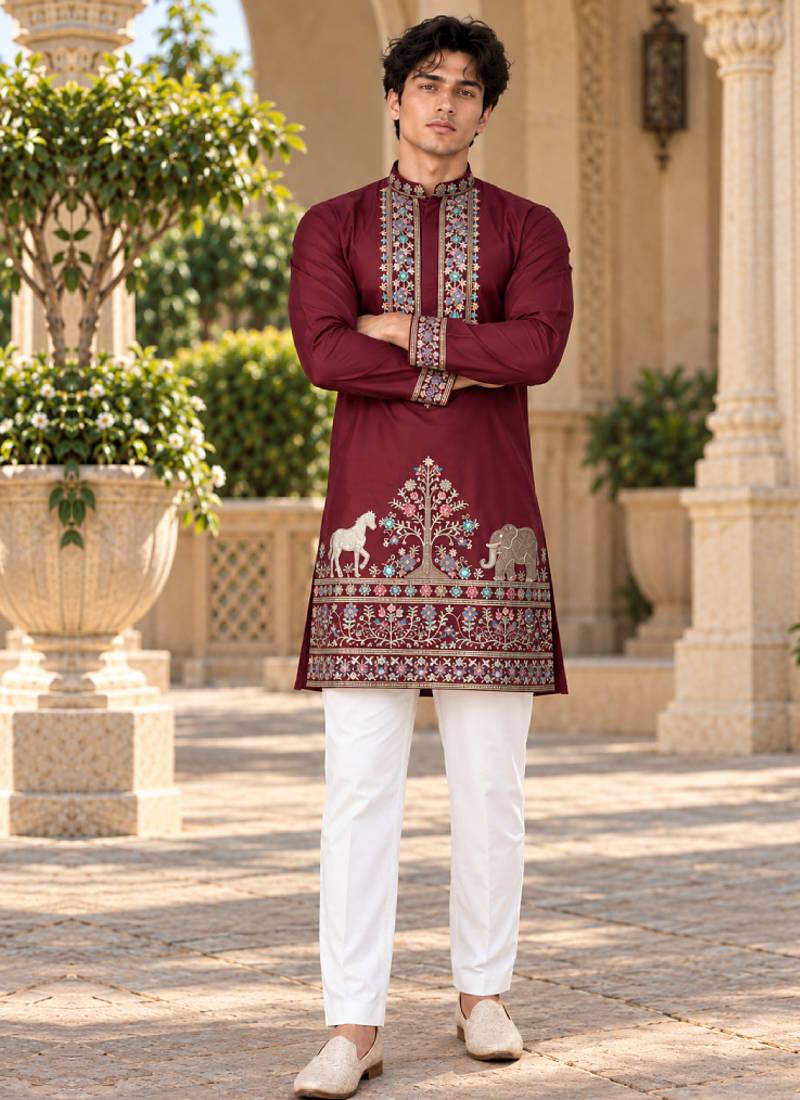 maroon zari sequins thread embroidery work kurta pajama