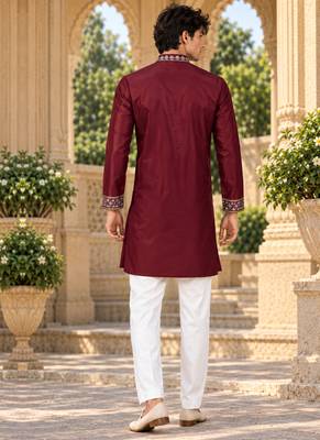 maroon zari sequins thread embroidery work kurta pajama 5
