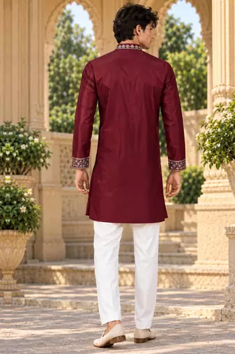 maroon zari sequins thread embroidery work kurta pajama