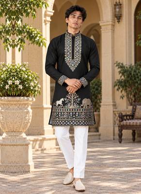 black zari sequins thread embroidery work kurta pajama 1