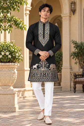 black zari sequins thread embroidery work kurta pajama