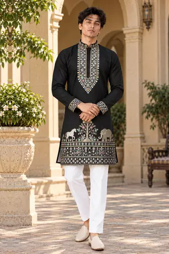 black zari sequins thread embroidery work kurta pajama