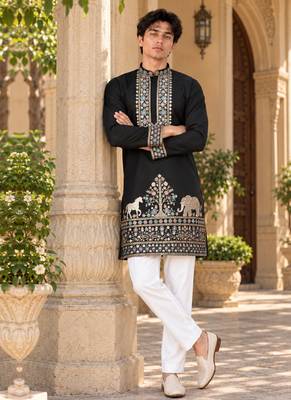 black zari sequins thread embroidery work kurta pajama 2
