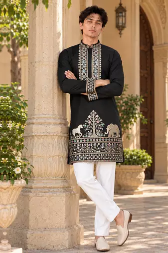 black zari sequins thread embroidery work kurta pajama