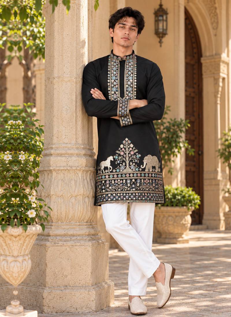 black zari sequins thread embroidery work kurta pajama