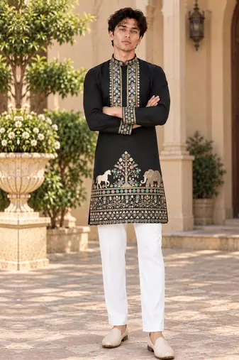 black zari sequins thread embroidery work kurta pajama