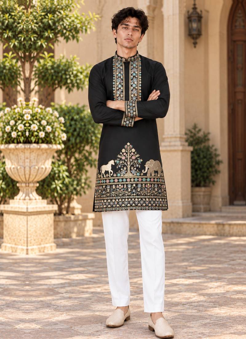 black zari sequins thread embroidery work kurta pajama