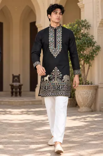 black zari sequins thread embroidery work kurta pajama