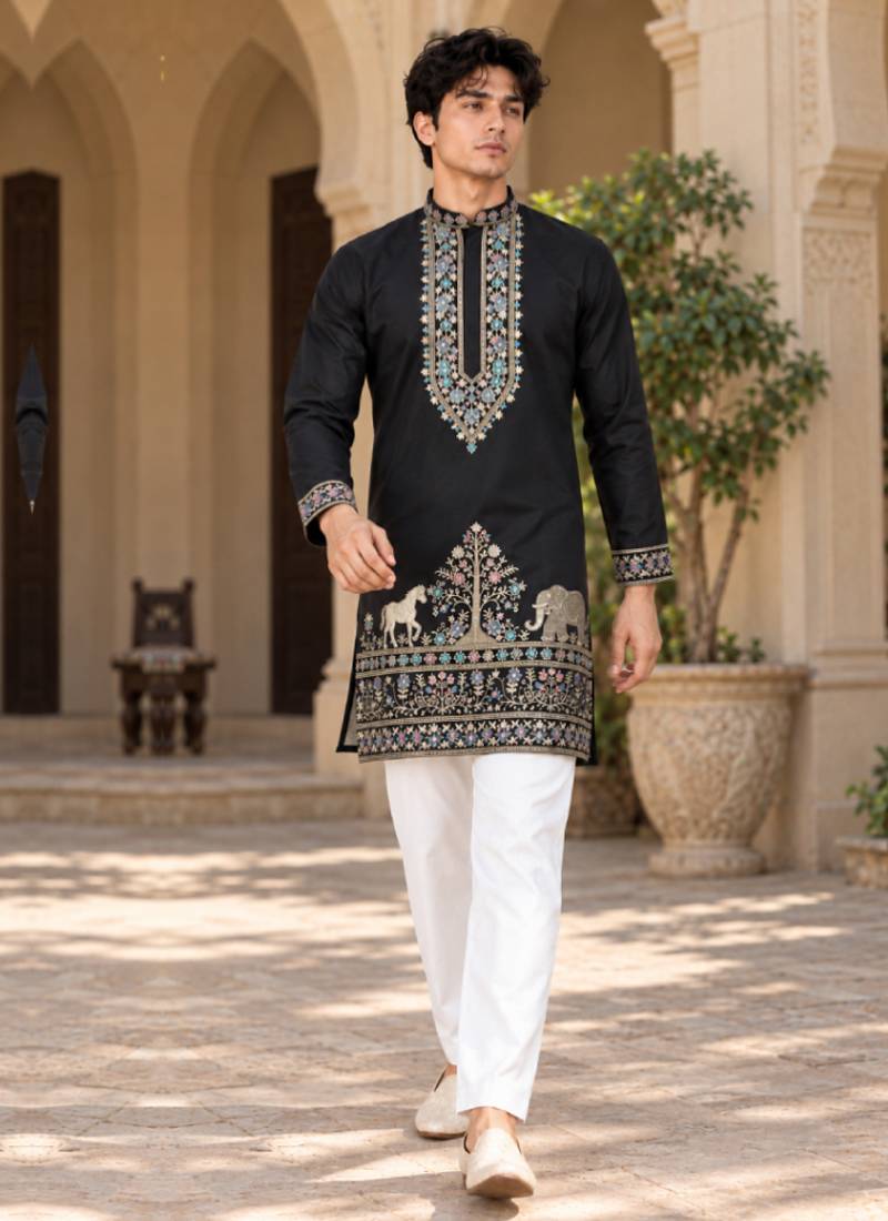 black zari sequins thread embroidery work kurta pajama