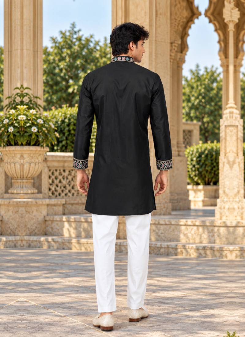 black zari sequins thread embroidery work kurta pajama