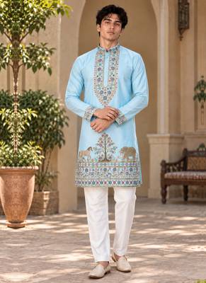 sky blue zari sequins thread embroidery work kurta pajama 1
