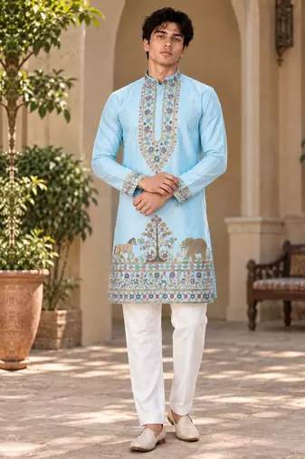 sky blue zari sequins thread embroidery work kurta pajama