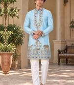 sky blue zari sequins thread embroidery work kurta pajama
