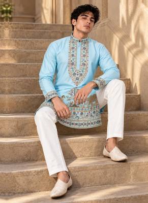 sky blue zari sequins thread embroidery work kurta pajama 2