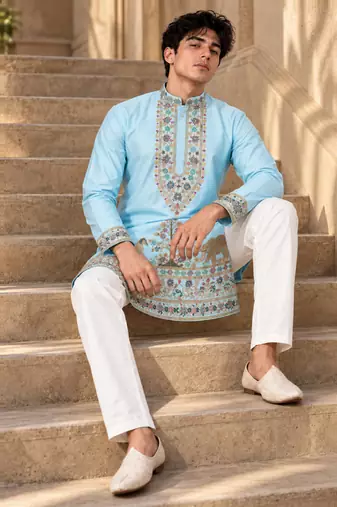 sky blue zari sequins thread embroidery work kurta pajama