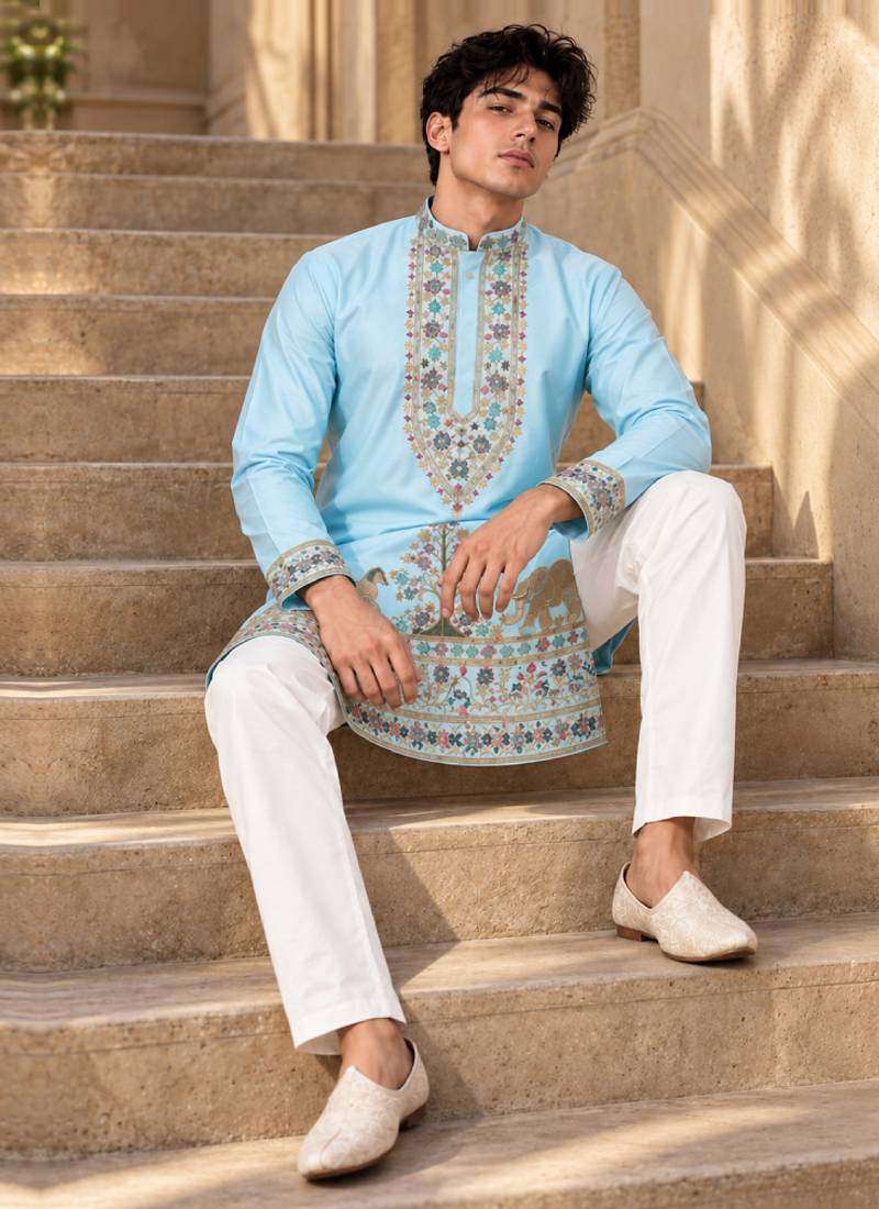 sky blue zari sequins thread embroidery work kurta pajama