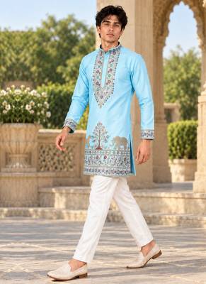 sky blue zari sequins thread embroidery work kurta pajama 3
