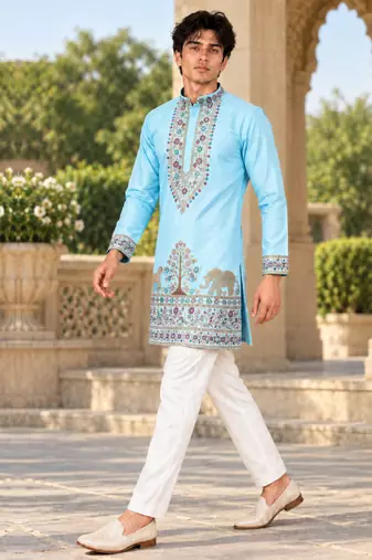 sky blue zari sequins thread embroidery work kurta pajama