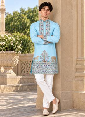 sky blue zari sequins thread embroidery work kurta pajama 4
