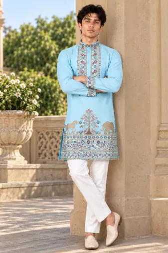 sky blue zari sequins thread embroidery work kurta pajama