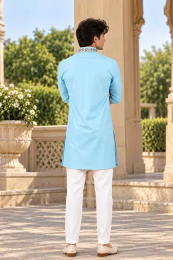 sky blue zari sequins thread embroidery work kurta pajama
