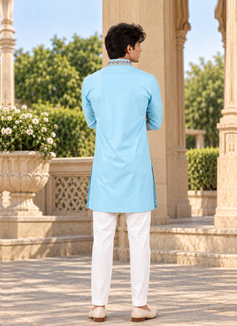 sky blue zari sequins thread embroidery work kurta pajama