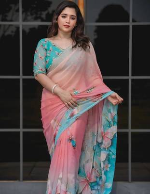 Pink georgette aari work printed saree 1