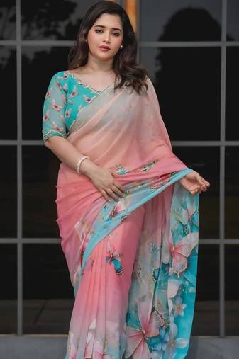 Pink georgette aari work printed saree