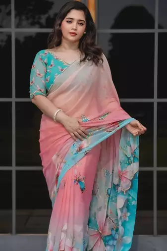 Pink georgette aari work printed saree