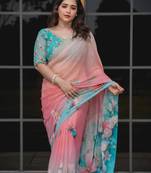 Pink georgette aari work printed saree