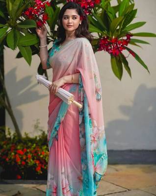 Pink georgette aari work printed saree 2
