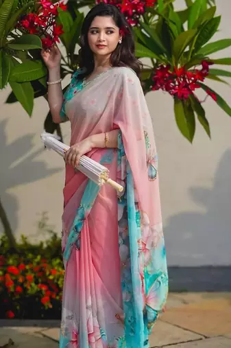 Pink georgette aari work printed saree