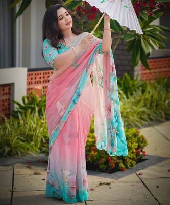 Pink georgette aari work printed saree 4