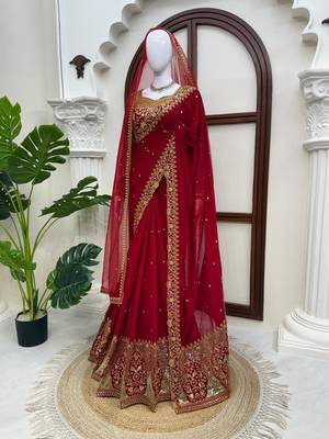 Red georgette sequins work embroidered saree 1