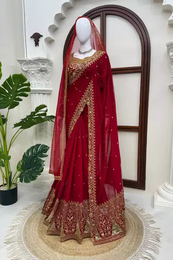 Red georgette sequins work embroidered saree