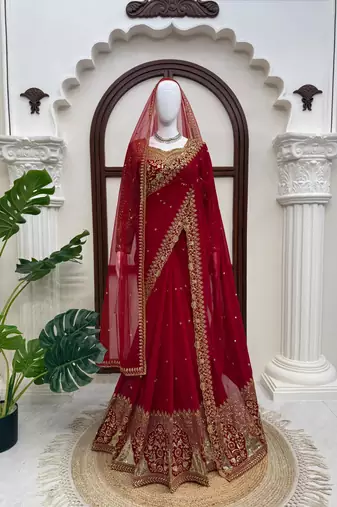 Red georgette sequins work embroidered saree